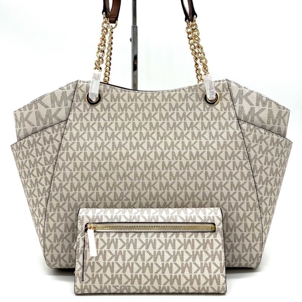 Michael Kors Large Jet Set Travel Chain Shoulder Bag & Trifold Wallet Vanilla - Picture 5 of 14